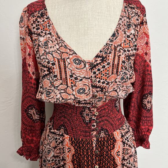 Free People Small Mexicali Rose Maxi Dress Strawberry Mixed Print Boho Romantic - Picture 5 of 16